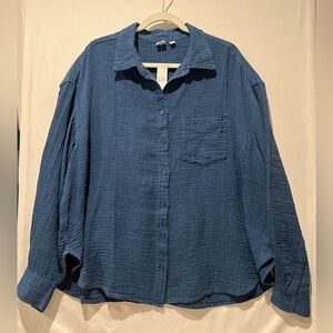GAP Women’s Oversized Relaxed Fit Deep Blue Button Down Gauzy Cotton Shirt